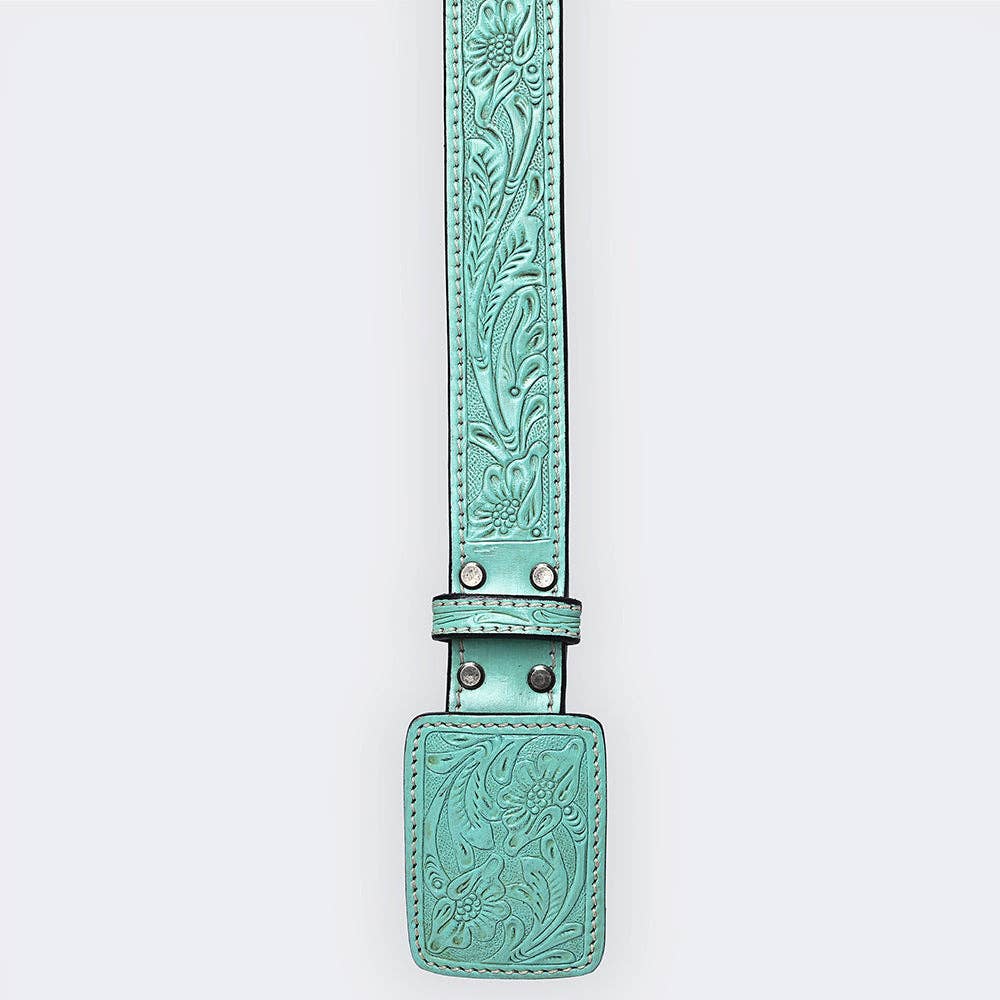 American Darling Aqua Turquoise Hand-Tooled Leather Belt with Floral Design