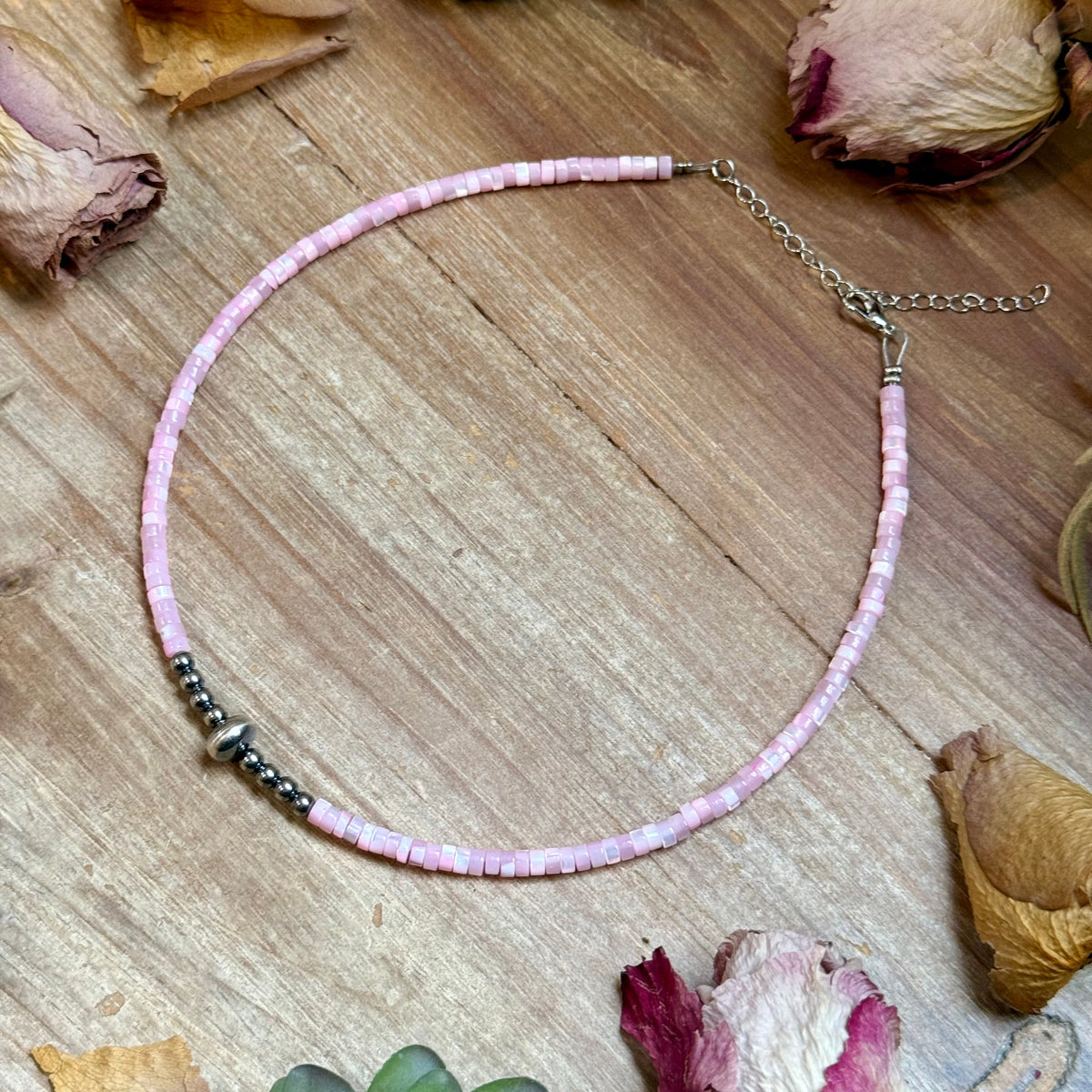 Pink Shell Heishi Necklace – 14"