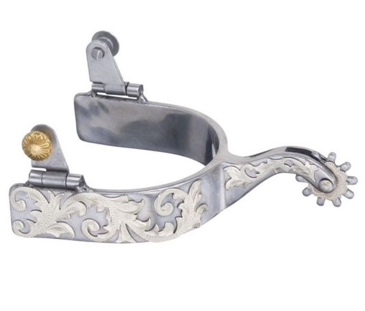 Tough 1 Sweet Iron Spur with Engraved Silver Leaf Overlay & Gold Swivel Buttons