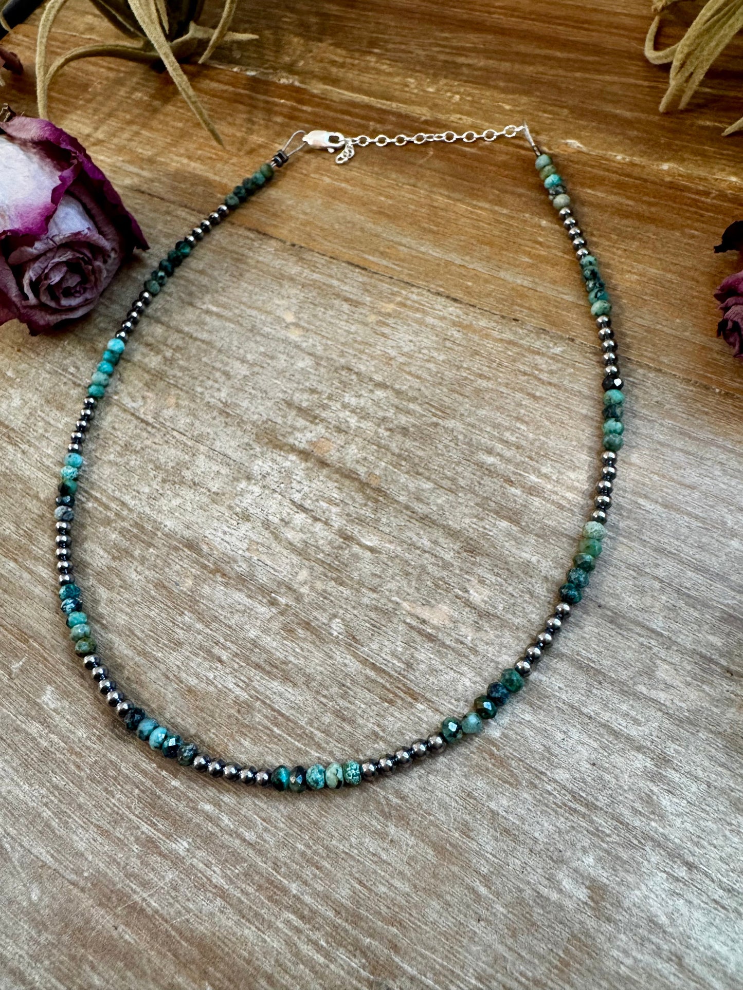 African Turquoise & Sterling Silver Pearl Choker – 3mm