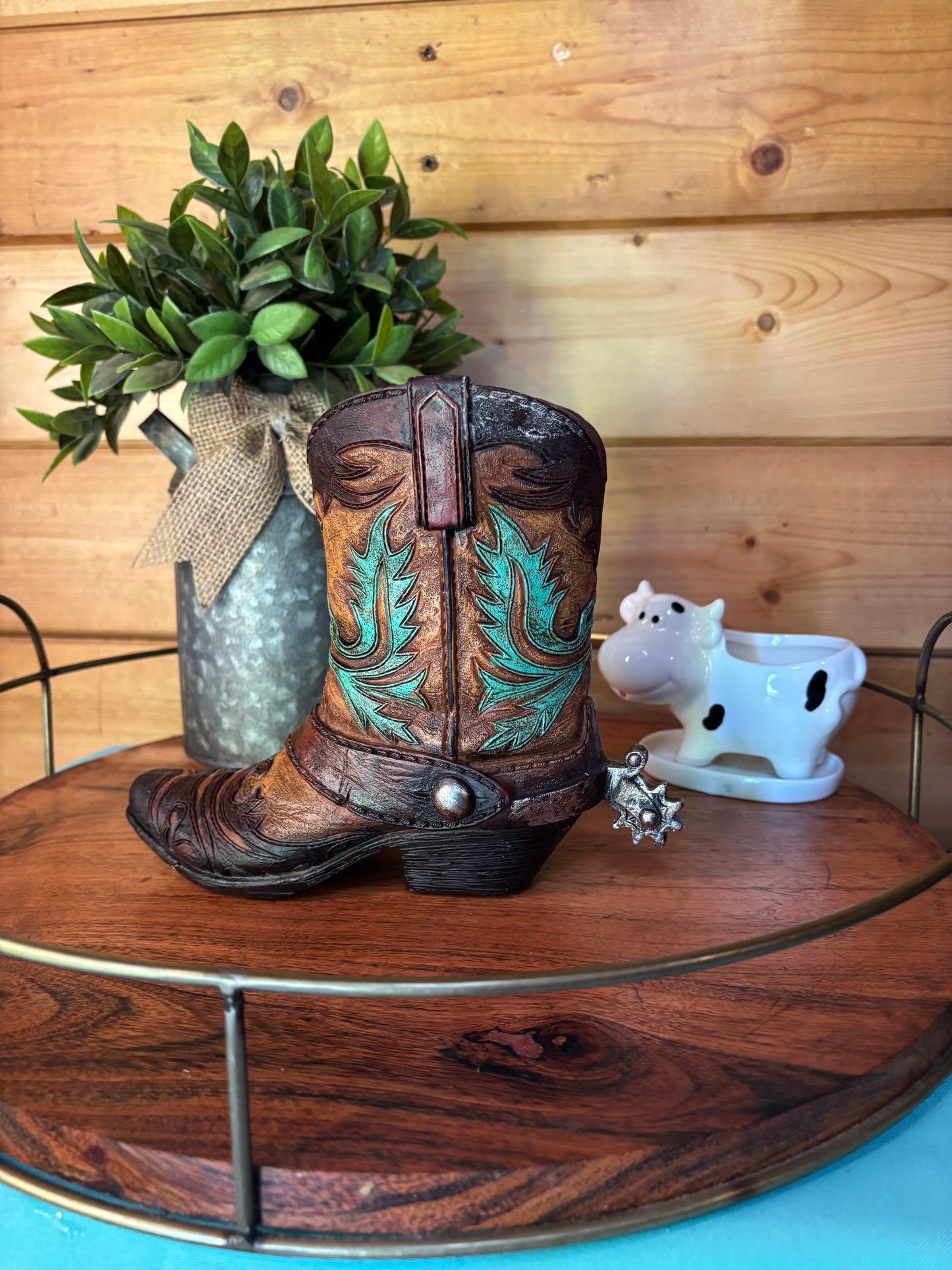Cowboy Boot-Shaped Piggy Bank with Turquoise Accents – Resin