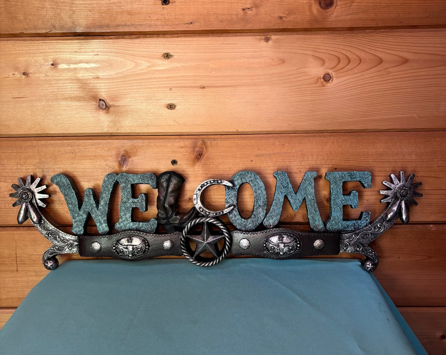 Western Welcome Sign with Turquoise Text & Spur Accents – 21½" x 5"