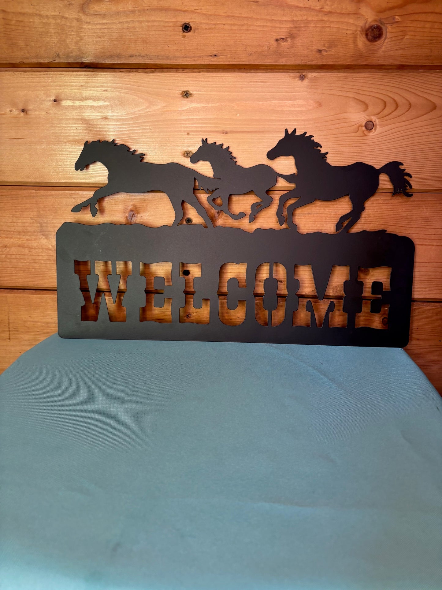 Black Metal “Welcome” Wall Art with Galloping Horses – 8" x 16"
