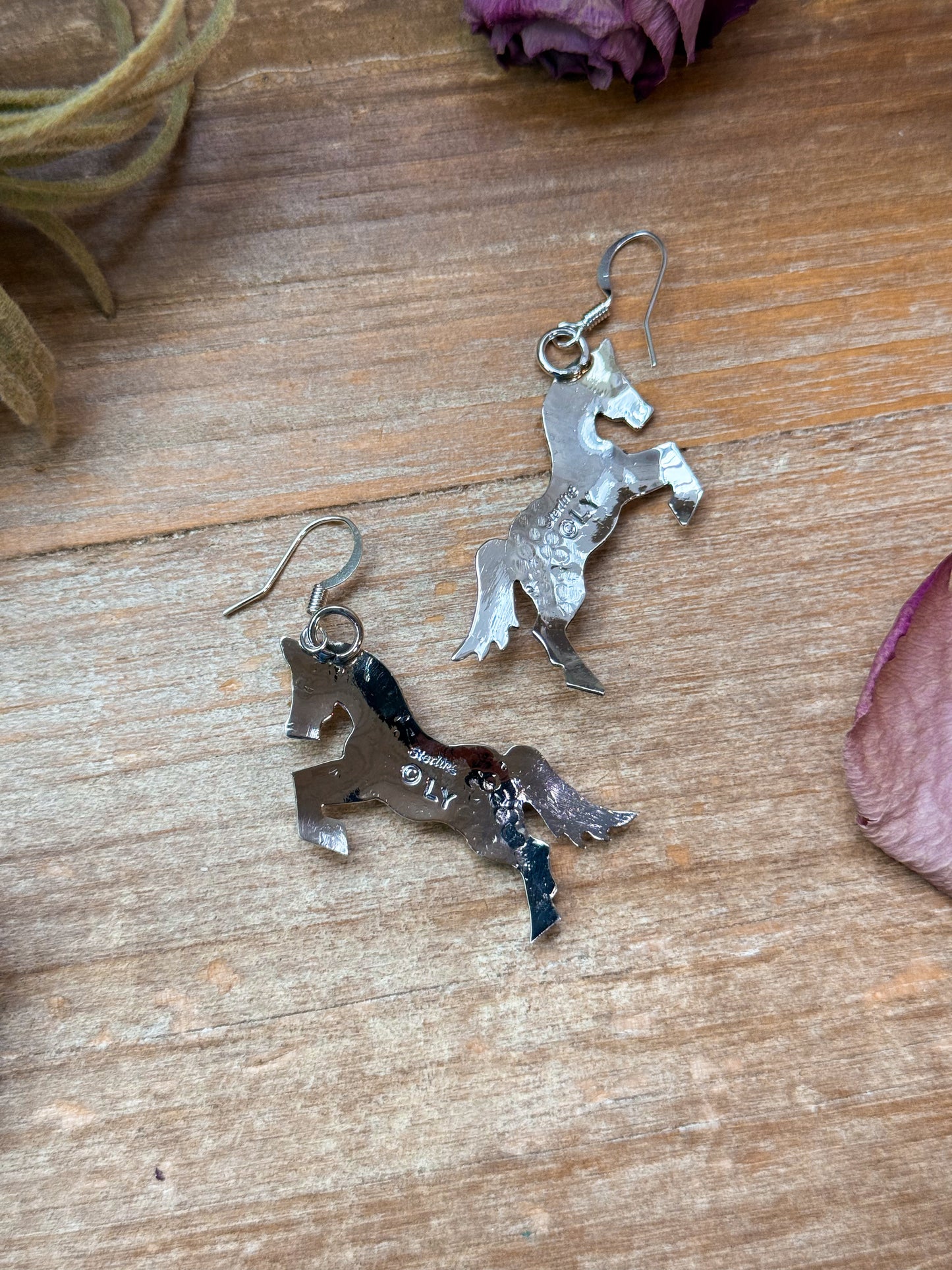 The Trouble – Sterling Silver Horse Earrings with Kingman Turquoise – Native Made by L.Y.