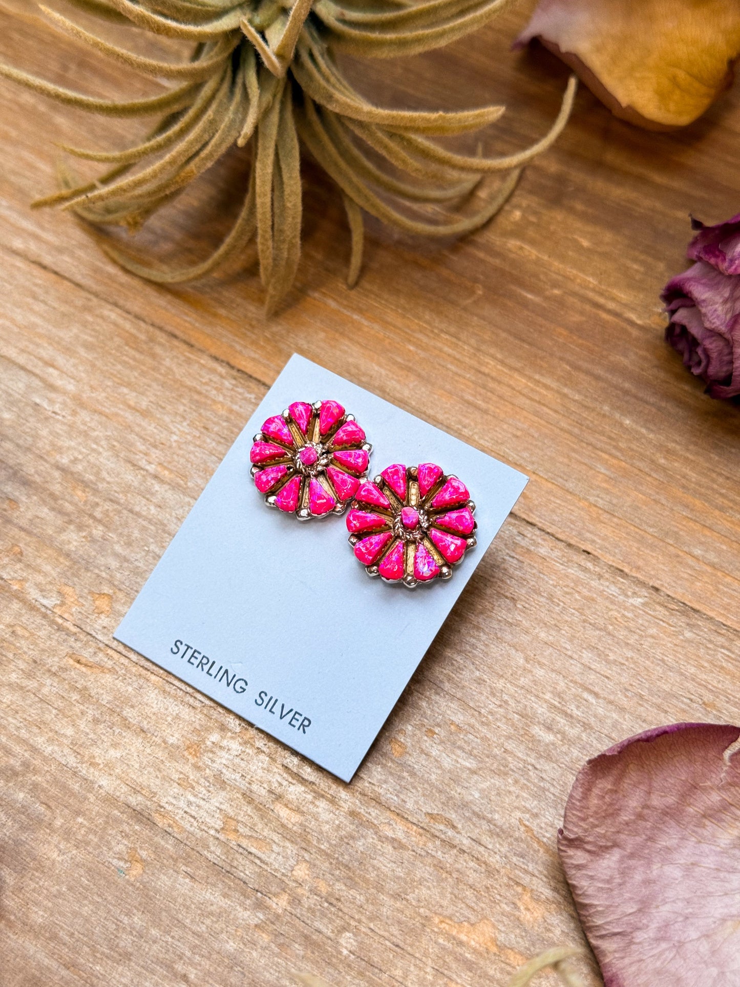 Sterling Silver Pink Opal Cluster Earrings