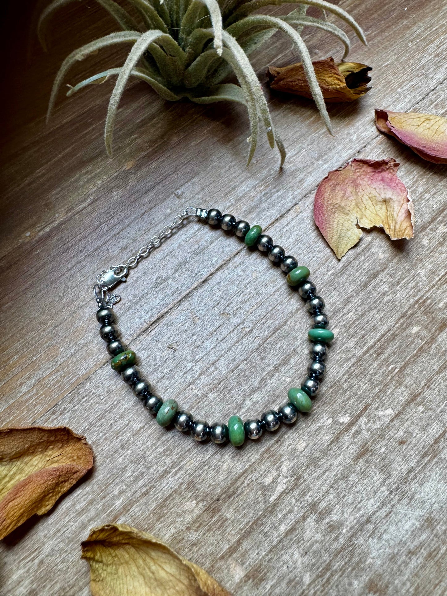 Sterling Silver Pearls with Green Turquoise Rondelles Bracelet