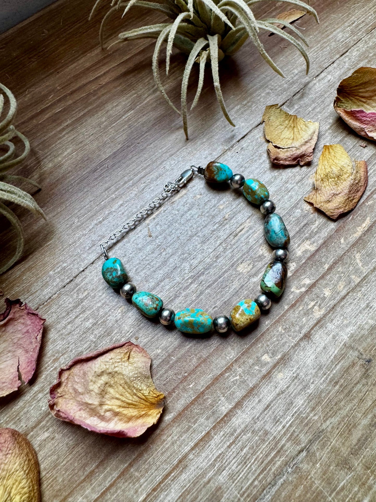 Turquoise Nugget & 6mm Sterling Silver Pearl Bracelet