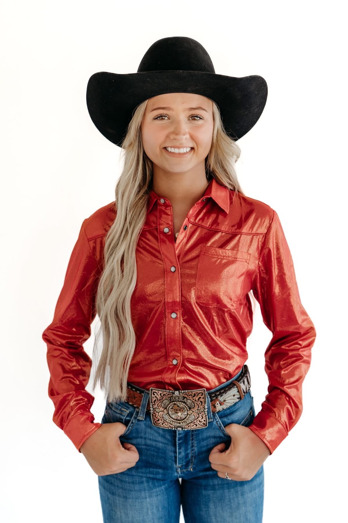 Womens Metallic Pearl Snap Rodeo Shirt
