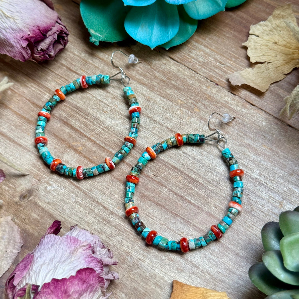Turquoise & Spiny Oyster Hoop Earrings