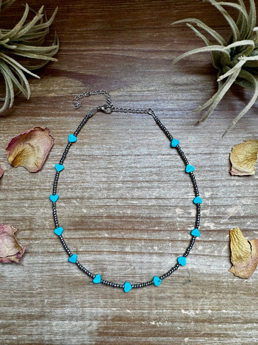14-Inch Antique Silver Seed Bead Necklace with Turquoise Heart