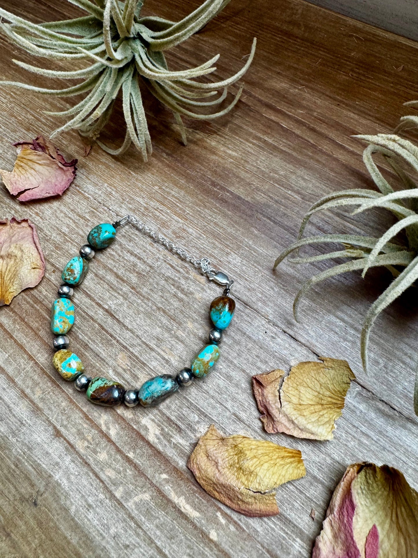 Turquoise Nugget & 6mm Sterling Silver Pearl Bracelet