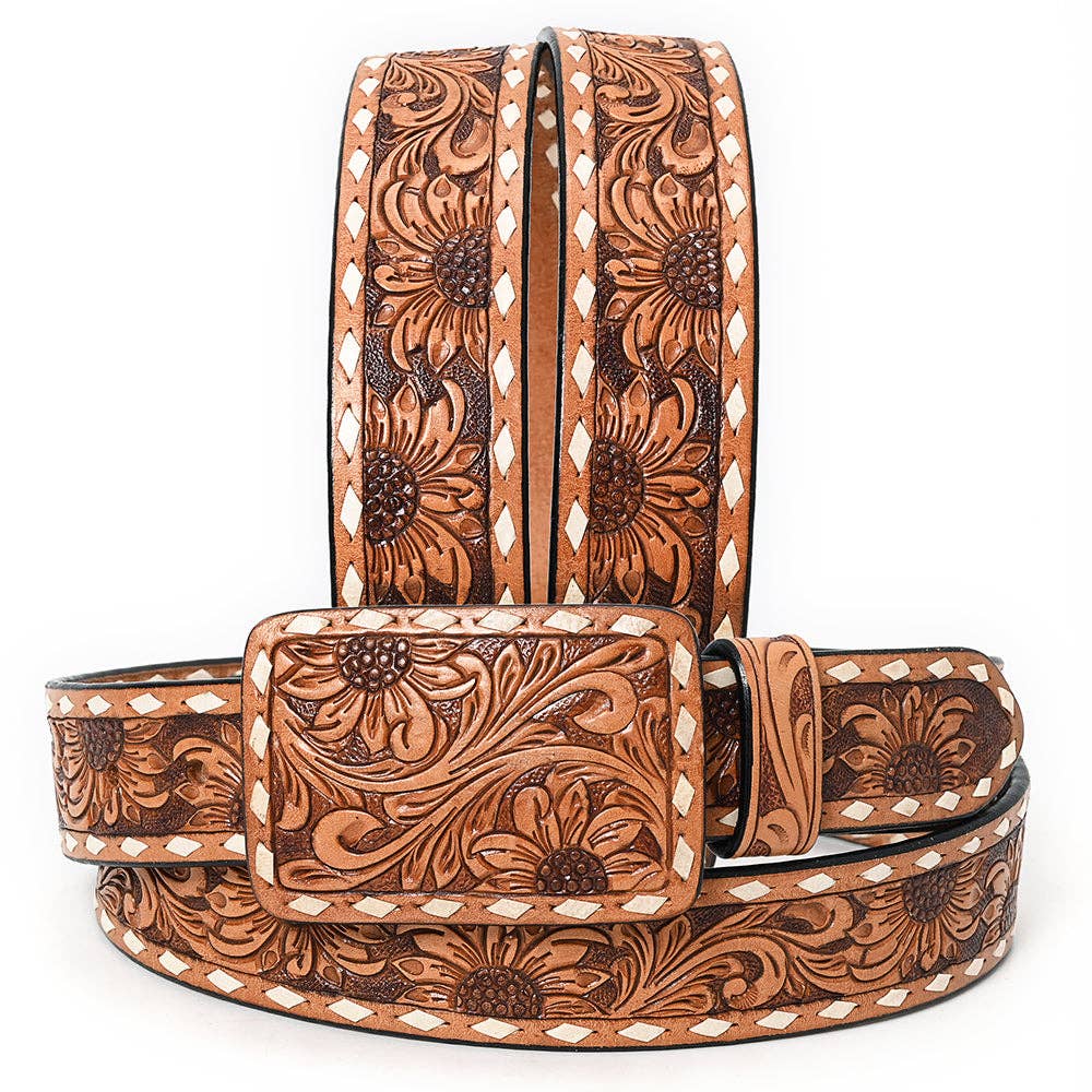 American Darling Sunflower Hand-Tooled Leather Belt – Unisex