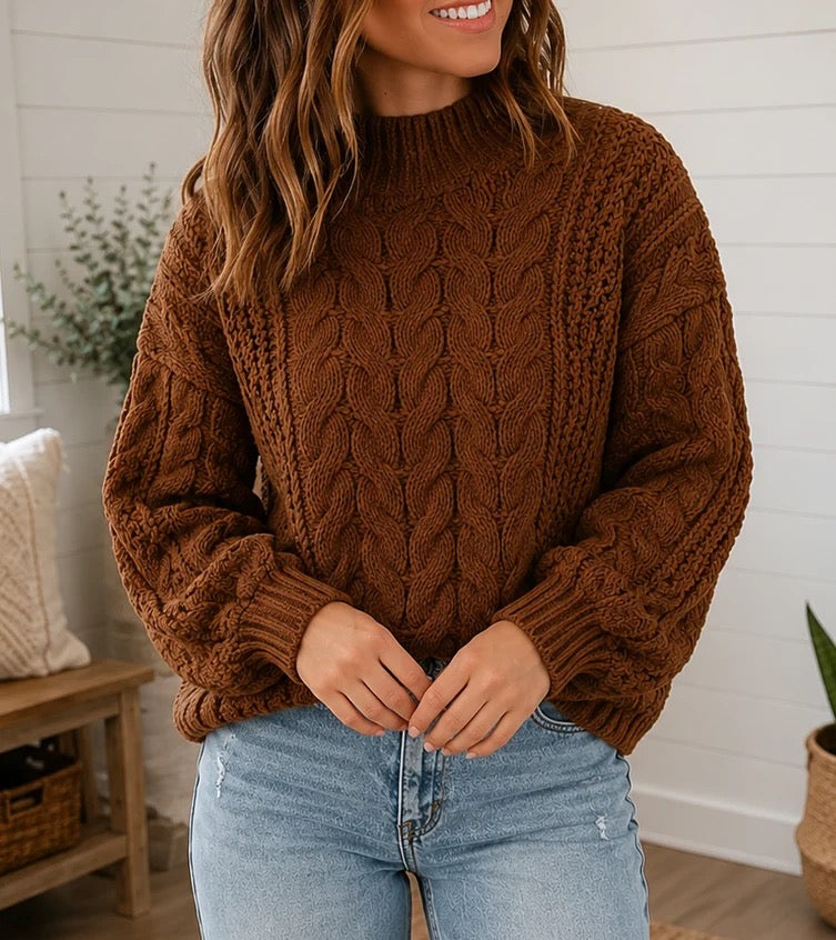 PREORDER | Coffee Cable Knit High Neck Sweater