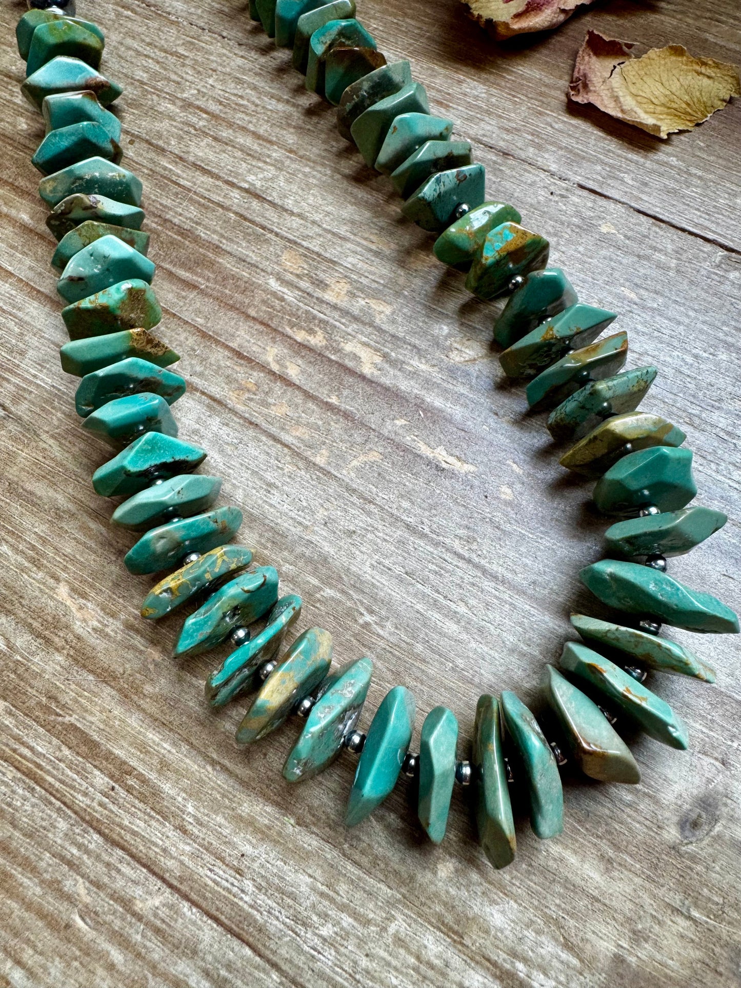 28.5-Inch Faceted Freeform Turquoise Necklace with Sterling Accents – Handmade Statement Piece
