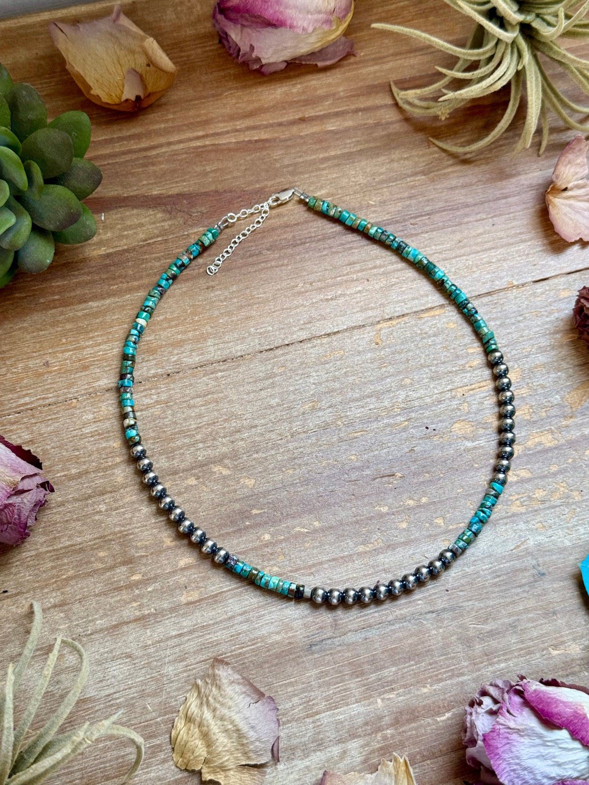 15” Heishi Turquoise Necklace – 4mm Turquoise & 5mm Sterling Silver Pearls