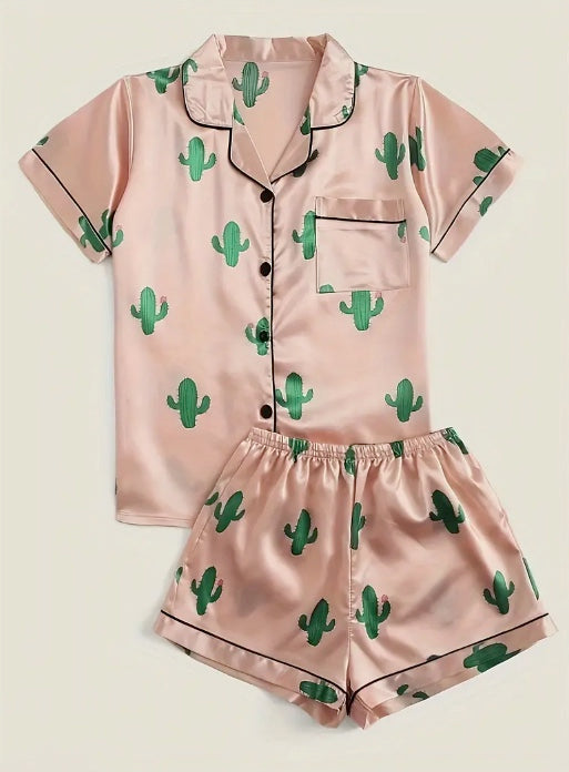 Women’s Allover Cactus Print Satin Pajama Set