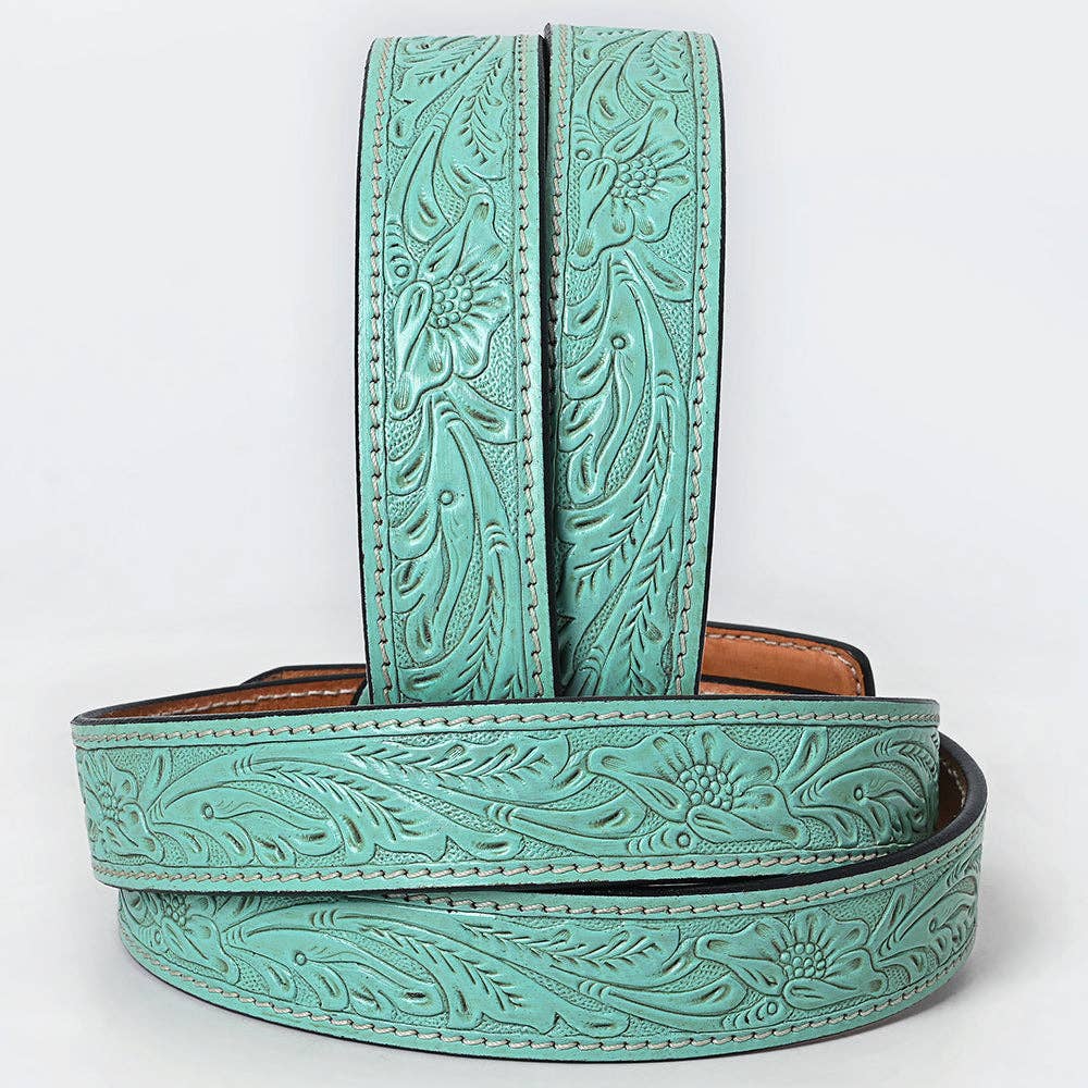 American Darling Aqua Turquoise Hand-Tooled Leather Belt with Floral Design