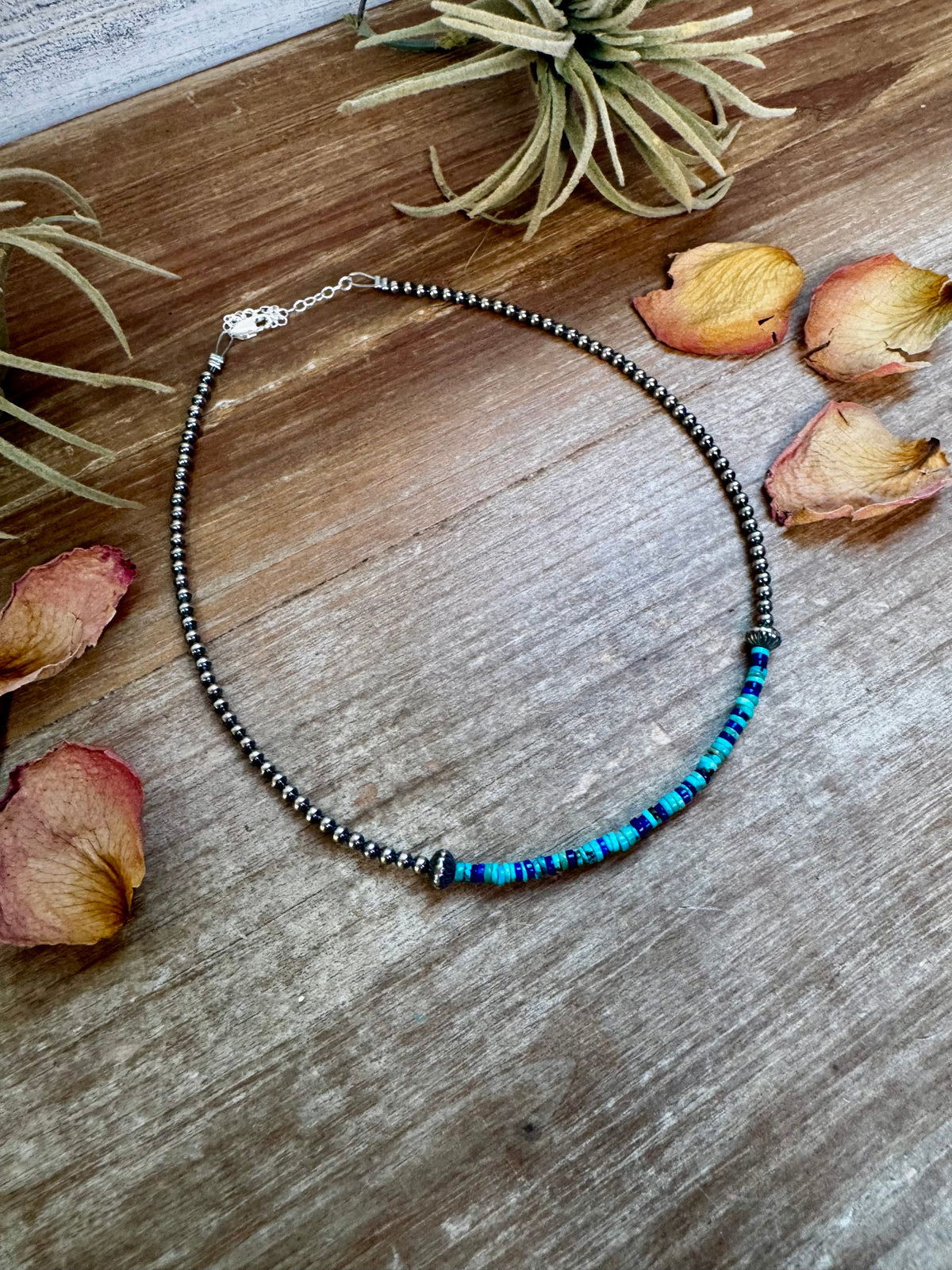 Lapis & Turquoise Heishi Choker – 14" Sterling Silver Beads