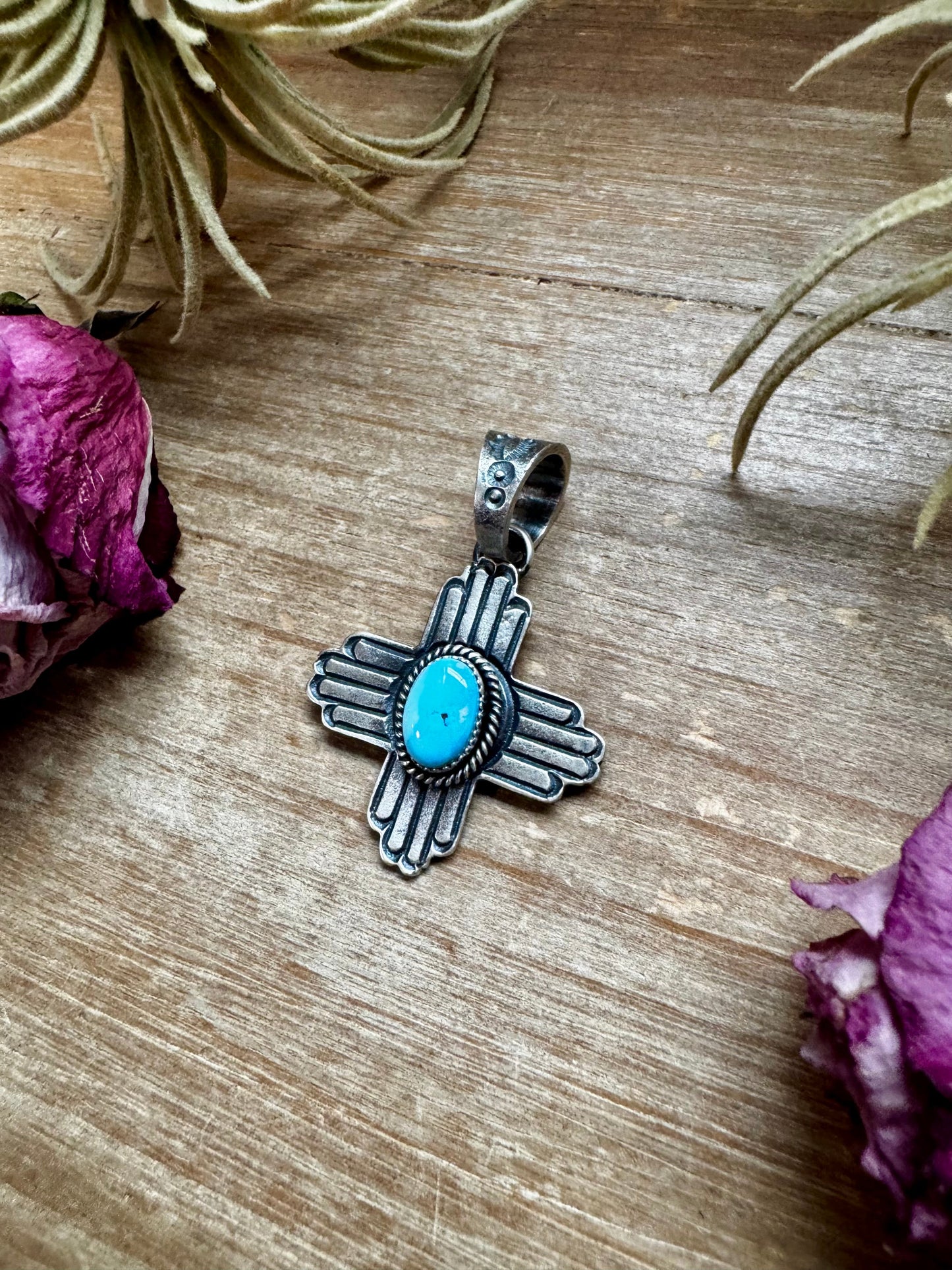 Zia Symbol Pendant with Golden Hill Turquoise – Sterling Silver – Native Made by KB