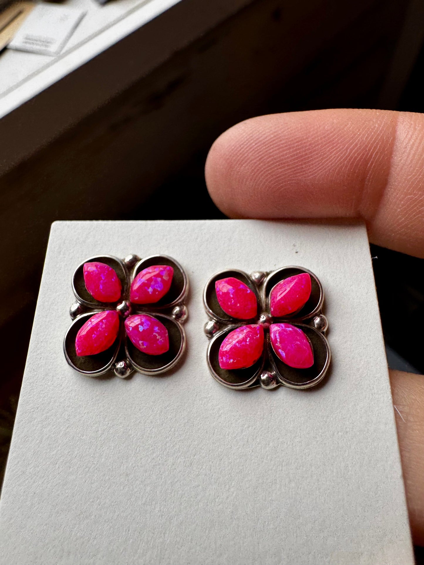 Zuni Stud Earrings – Pink Opal & Sterling Silver