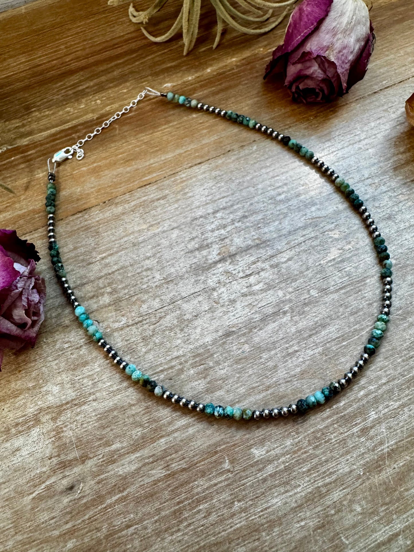 African Turquoise & Sterling Silver Pearl Choker – 3mm