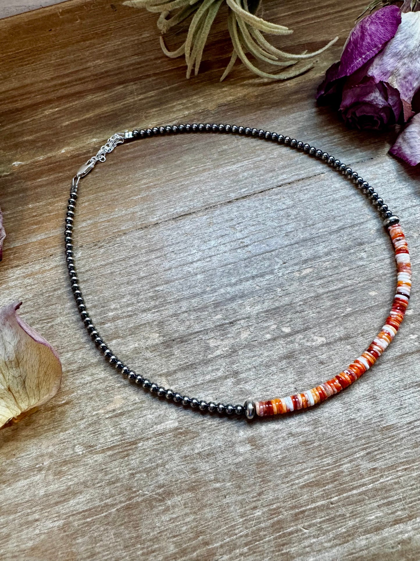 Spiny Oyster Heishi & Sterling Silver Pearl Choker