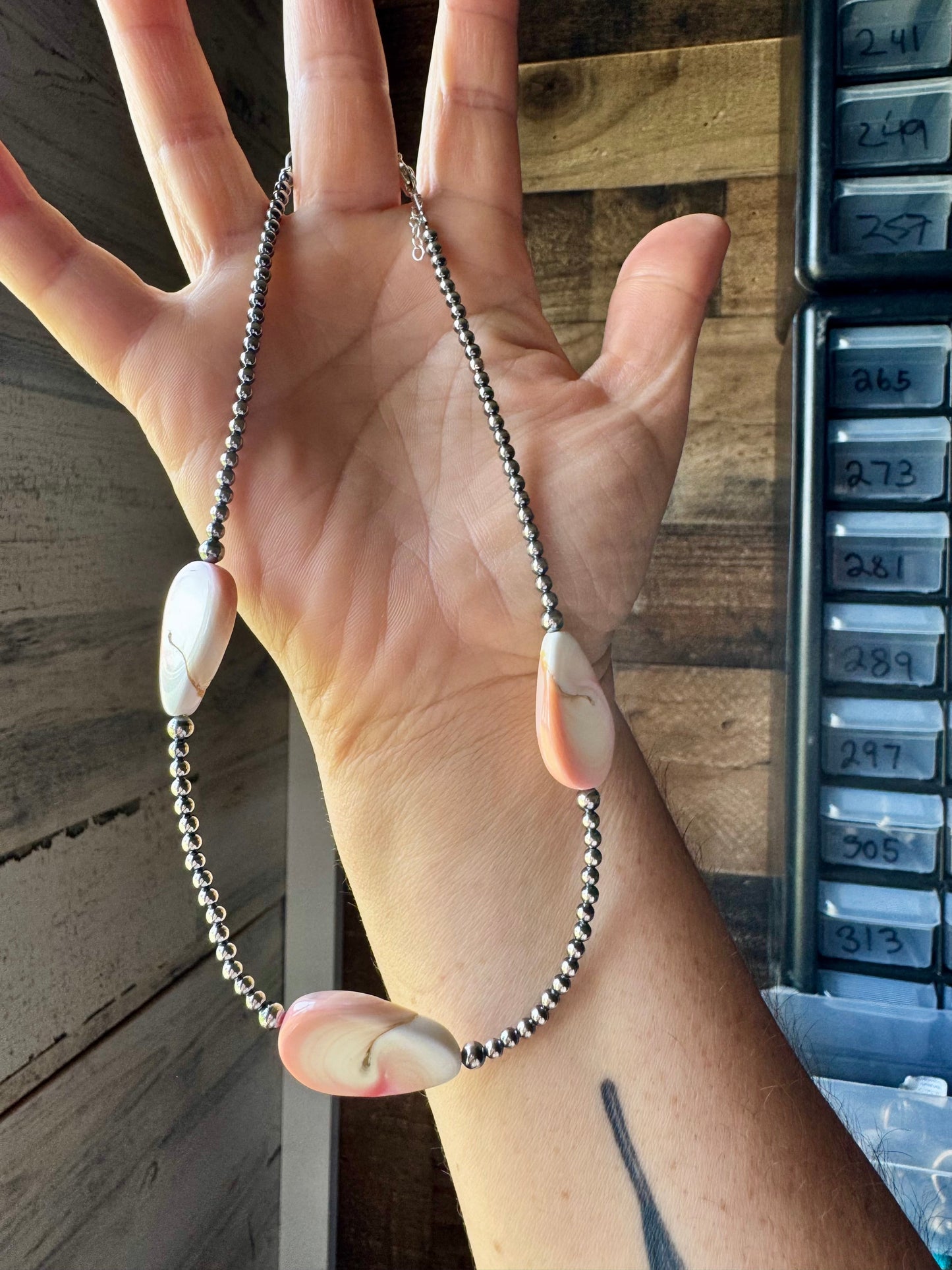 Sterling Silver Choker – 3 Flat Pink Conch Teardrops – 14.5" Approx.