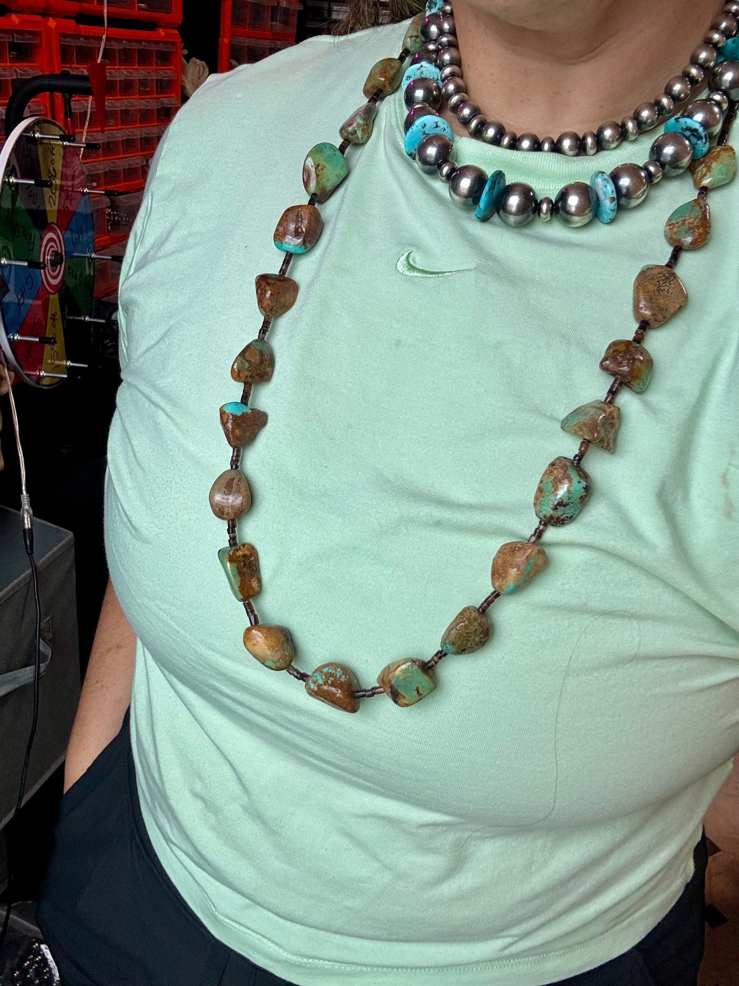 34-Inch Long Turquoise Nugget & Brown Shell Necklace