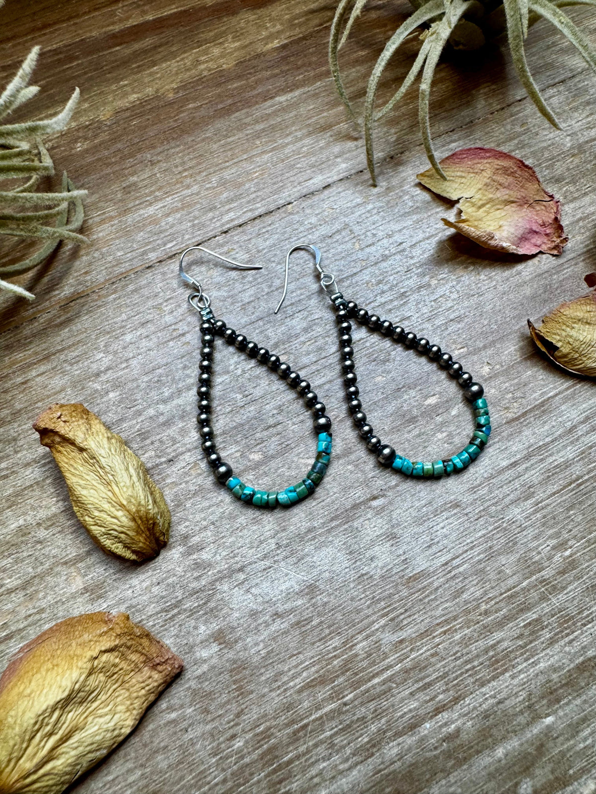 Teardrop Earrings – Sterling Silver Pearl & Blue Turquoise Heishi