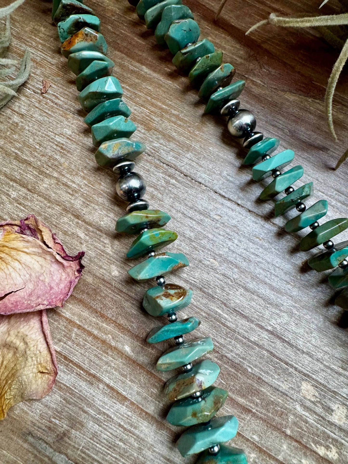 28.5-Inch Faceted Freeform Turquoise Necklace with Sterling Accents – Handmade Statement Piece