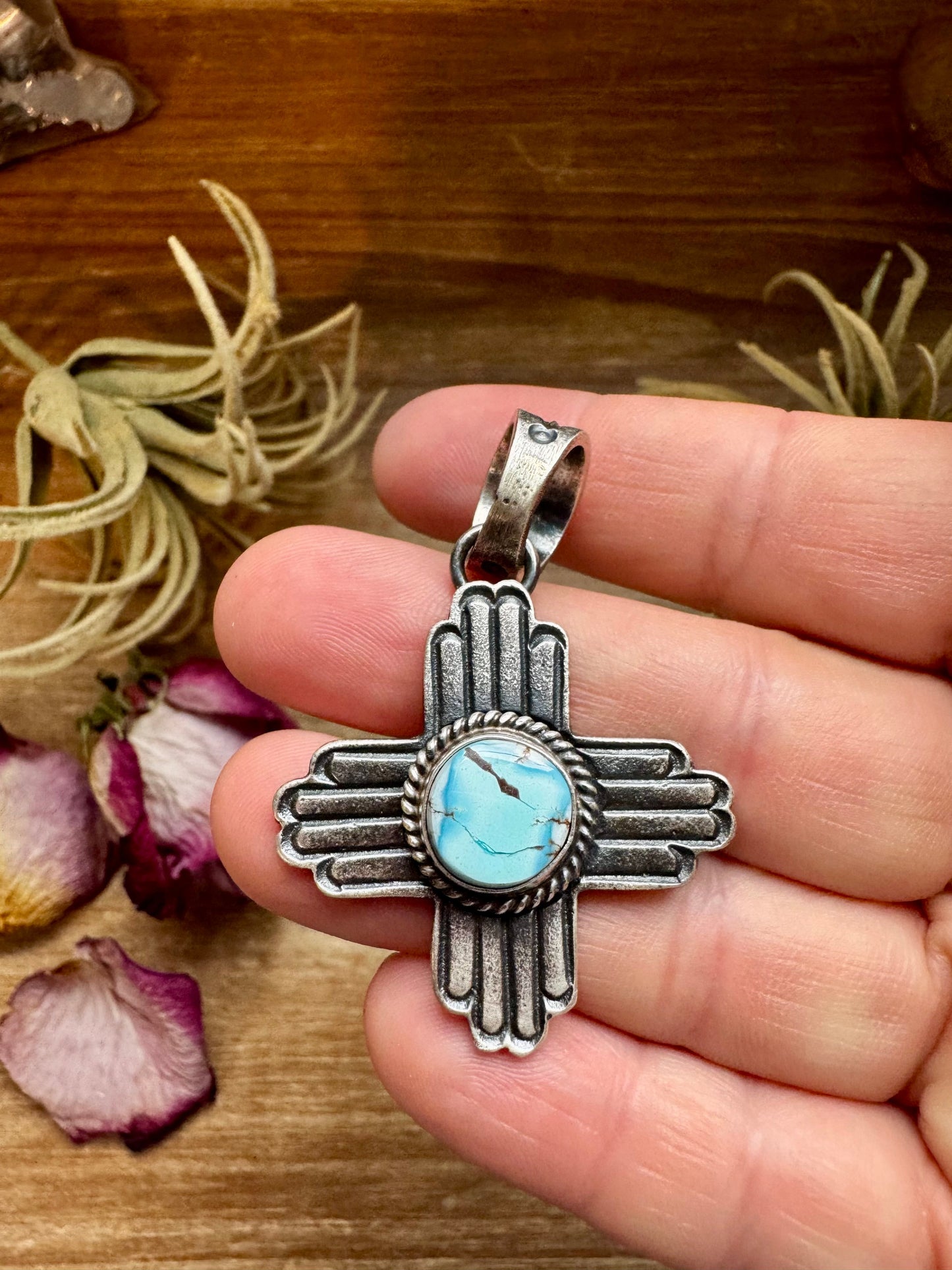 Zia Symbol Pendant with Golden Hill Turquoise – Sterling Silver – Native Made – Fits 8mm