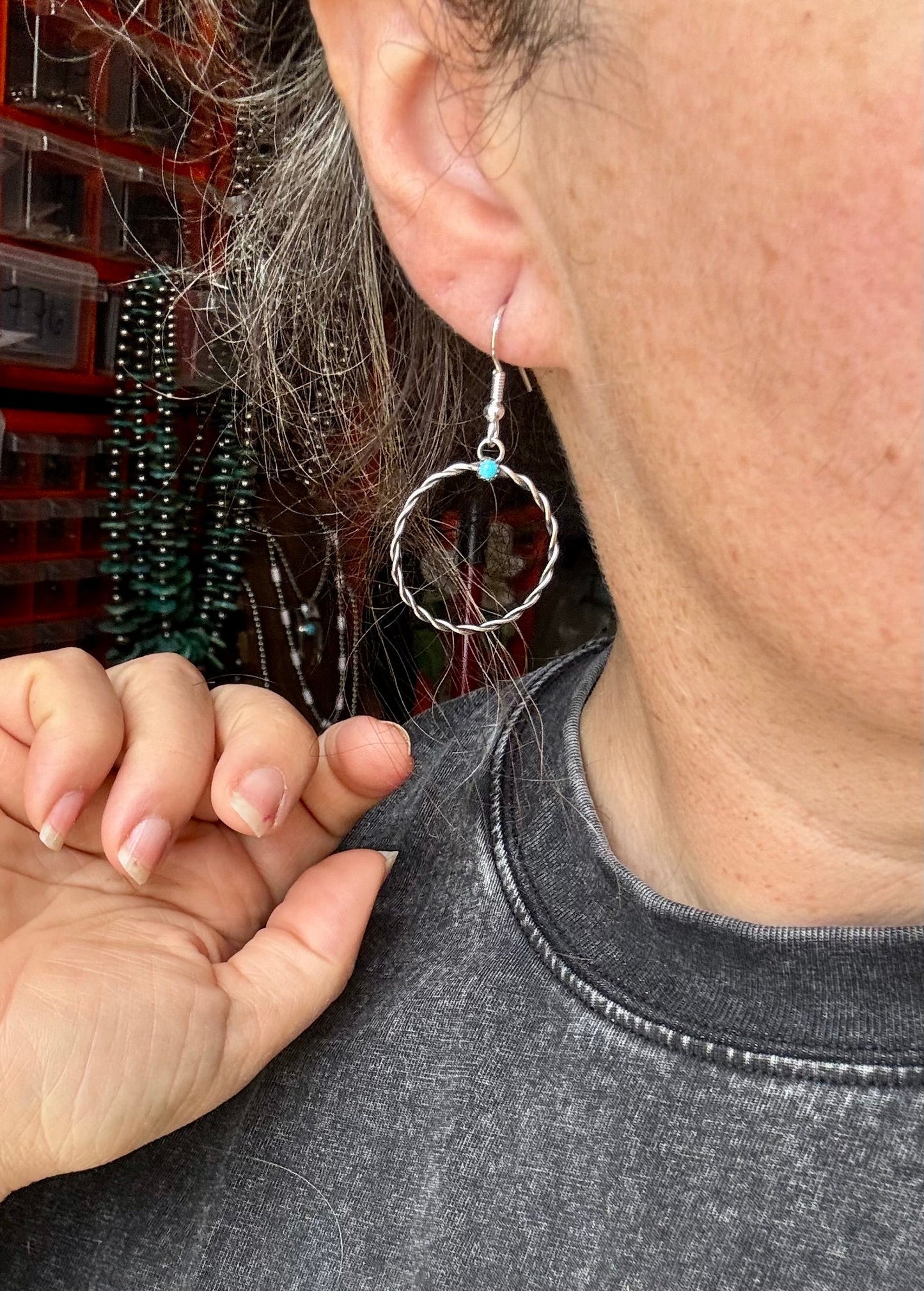 Sterling Silver Small Hoop Earrings with Kingman Turquoise