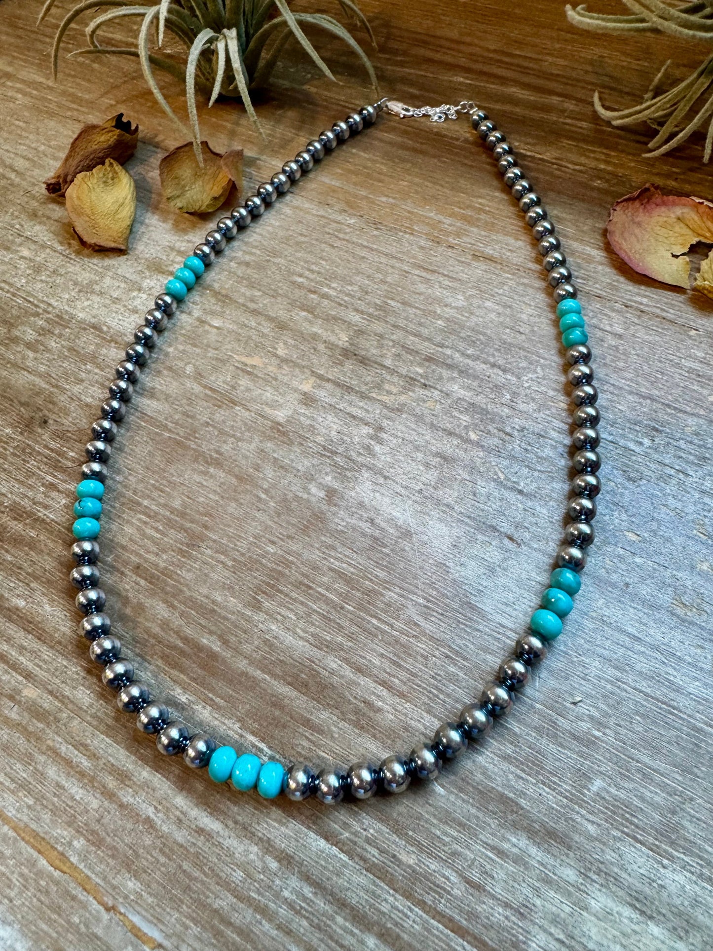 Sterling Silver Pearl & Blue Turquoise Necklace – 19"