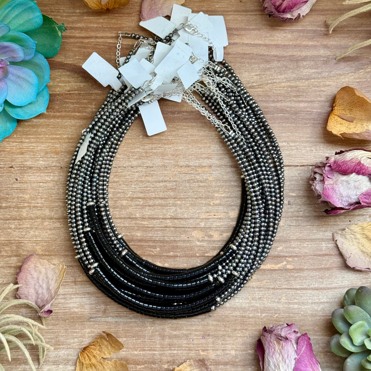 14” Black Onyx Heishi Necklace – Sterling Silver Pearls & Saucers