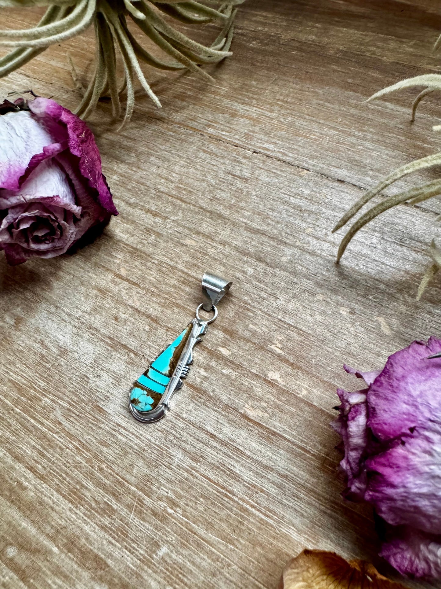 Teardrop Pendant with Kingman Turquoise – Option 5 – Sterling Silver – Native Made by SF – Fits 5mm