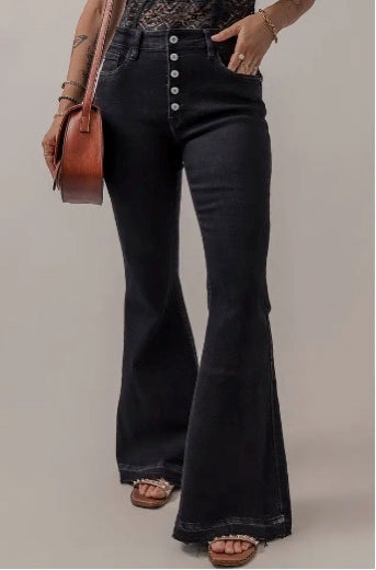 High Waist Button Front Flare Jeans