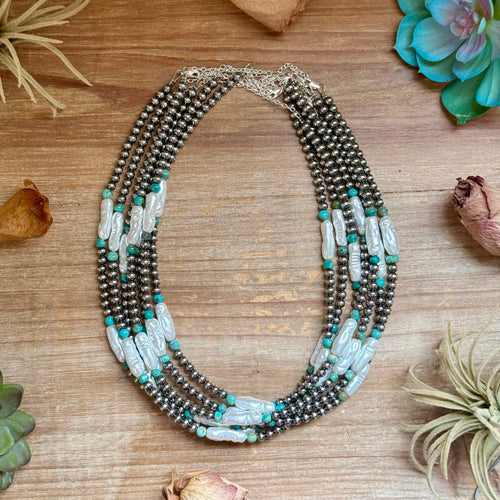 18-Inch Turquoise, White Freshwater Pearl Necklace