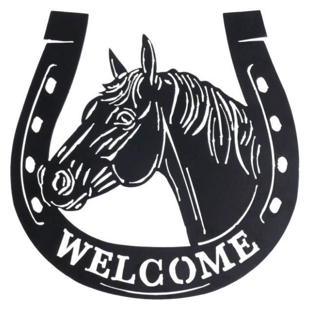 Horseshoe Metal Welcome Sign – Black Powder Coated, 12¼" x 12¼"