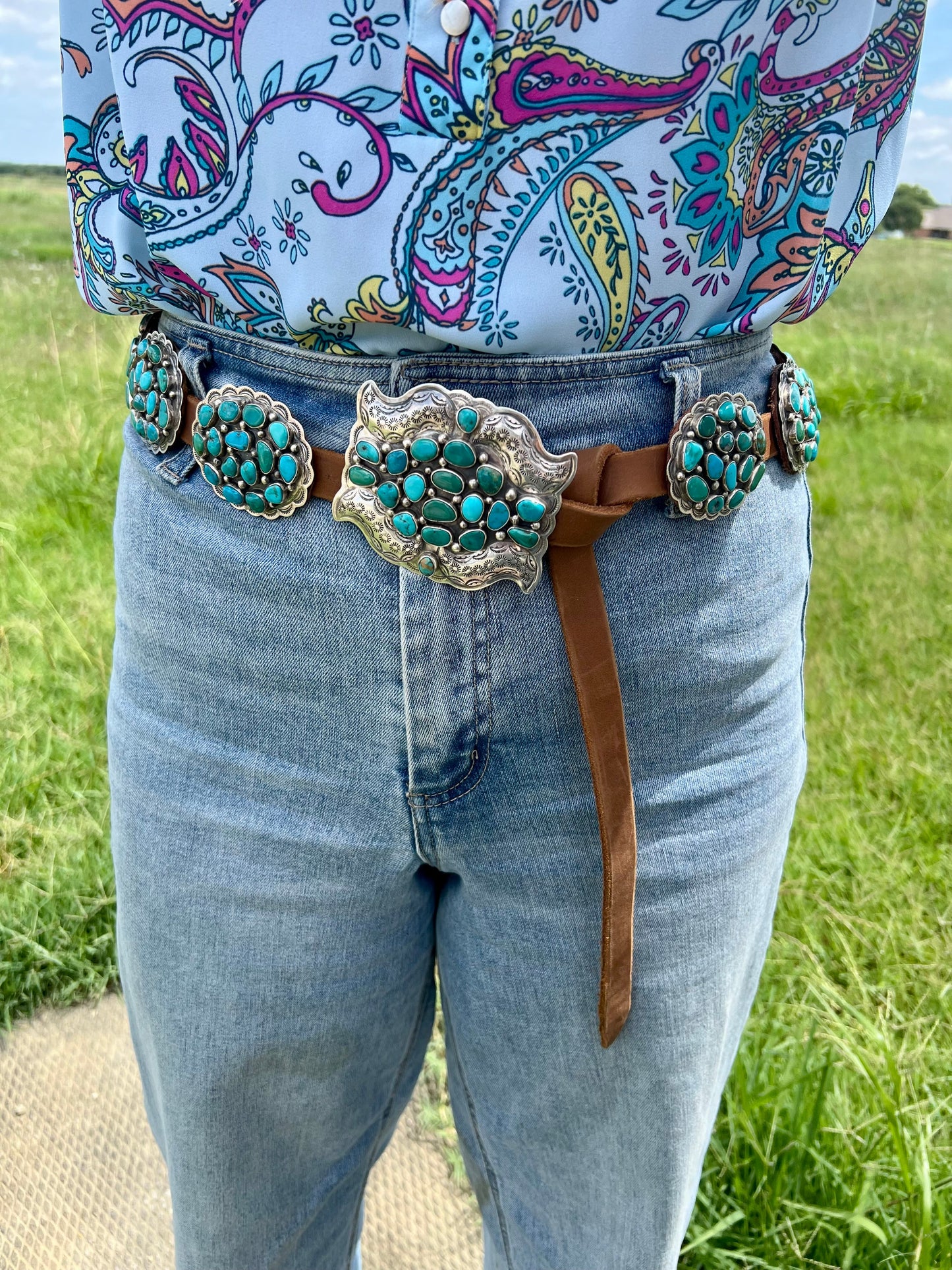 Turquoise Concho Belt – Sterling Silver – Native Made DM – One of a Kind