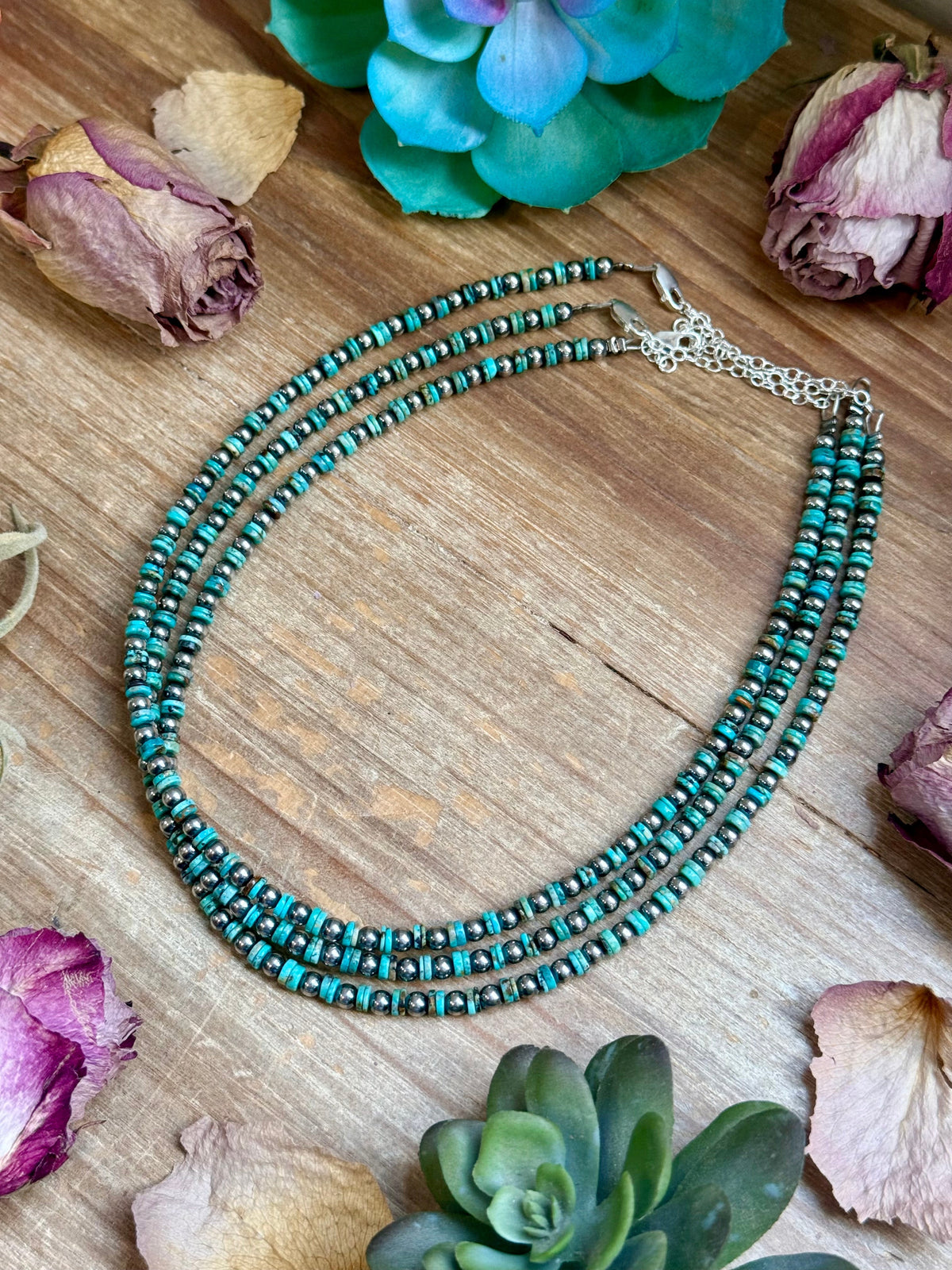 14” Turquoise Heishi Choker – Sterling Silver Pearls