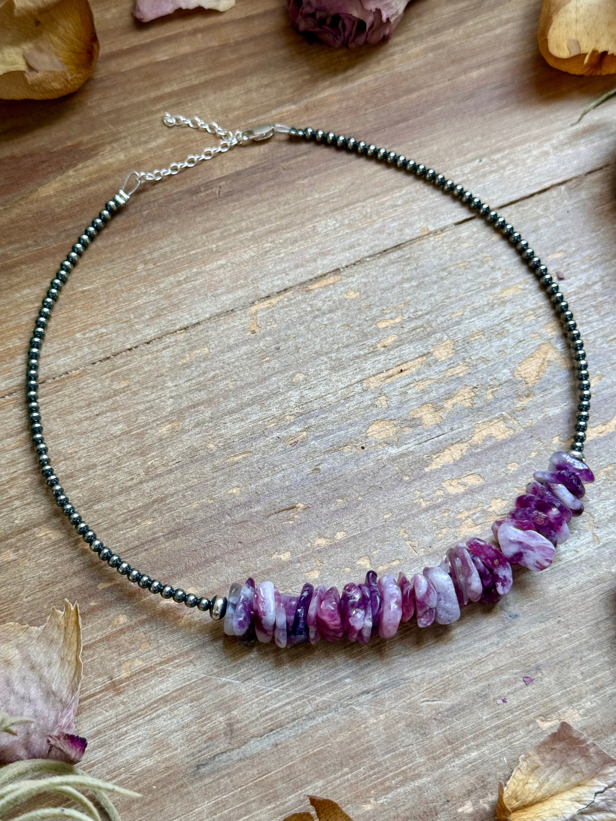 14.5” Lepidolite Necklace – 3mm Sterling Silver Pearls & Saucers