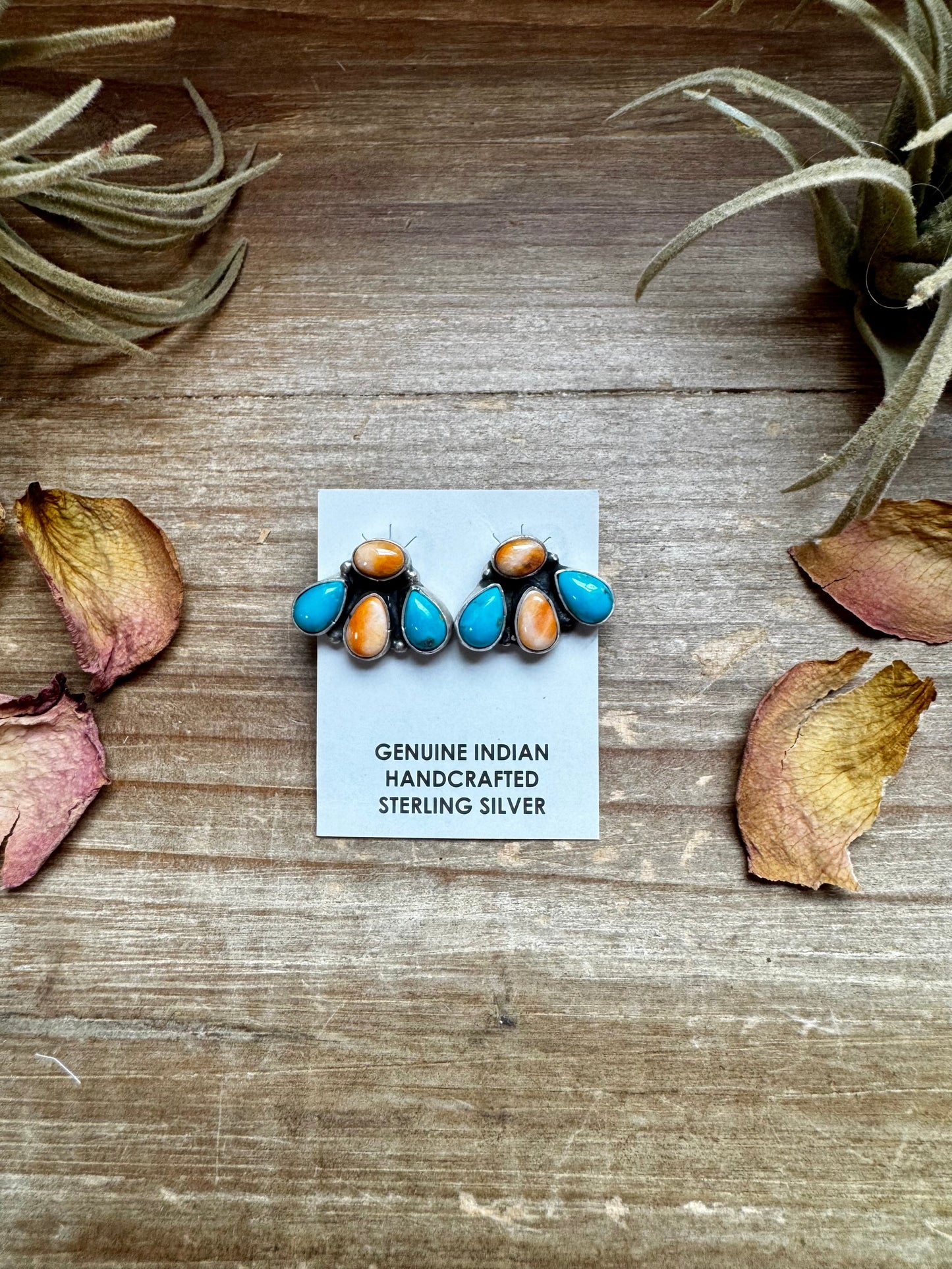 Stud Earrings – Orange Spiny & Turquoise (Stamped Marcella James)
