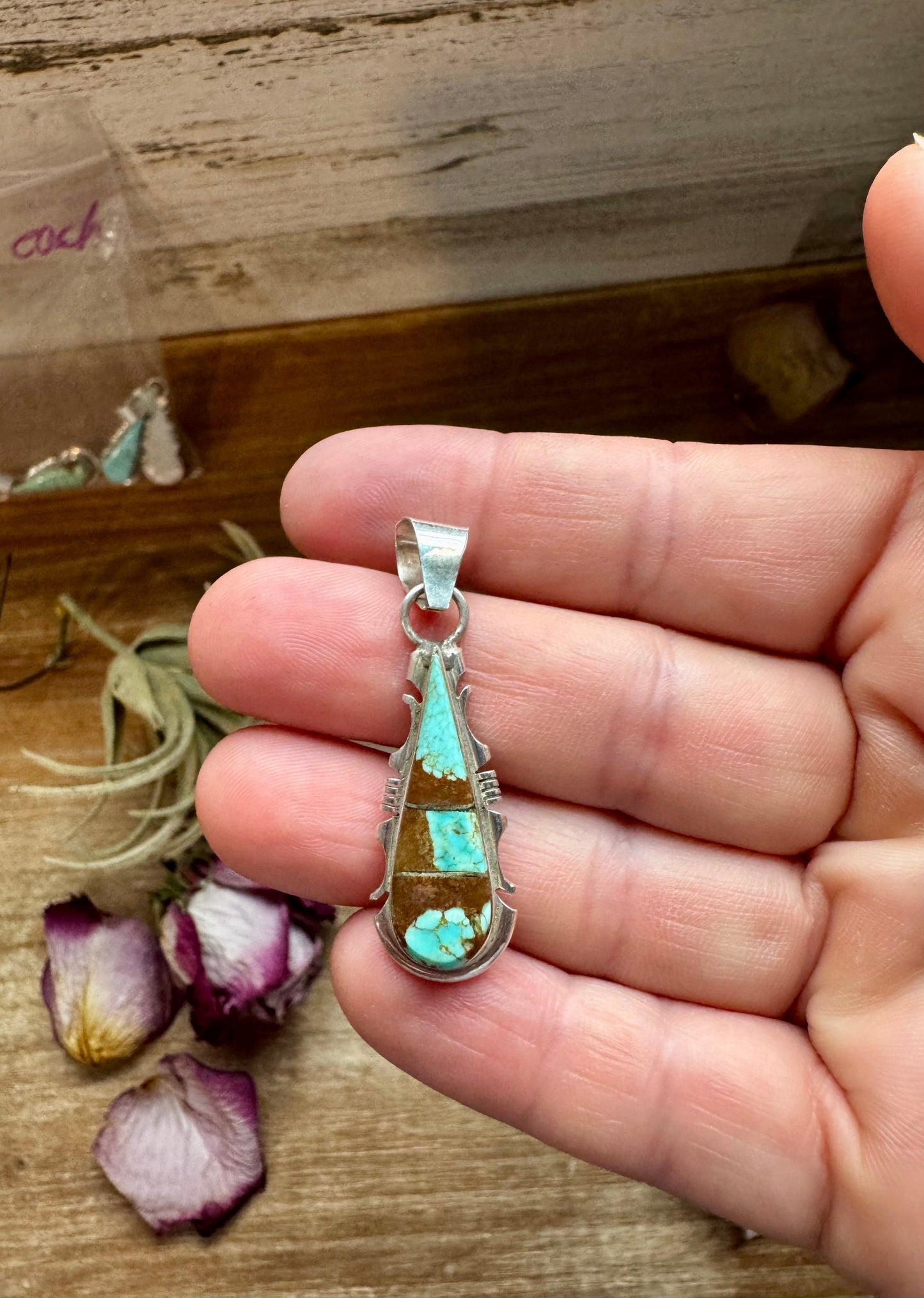 Teardrop Pendant with Kingman Turquoise – Option 4 – Sterling Silver – Native Made by SF – Fits 5mm