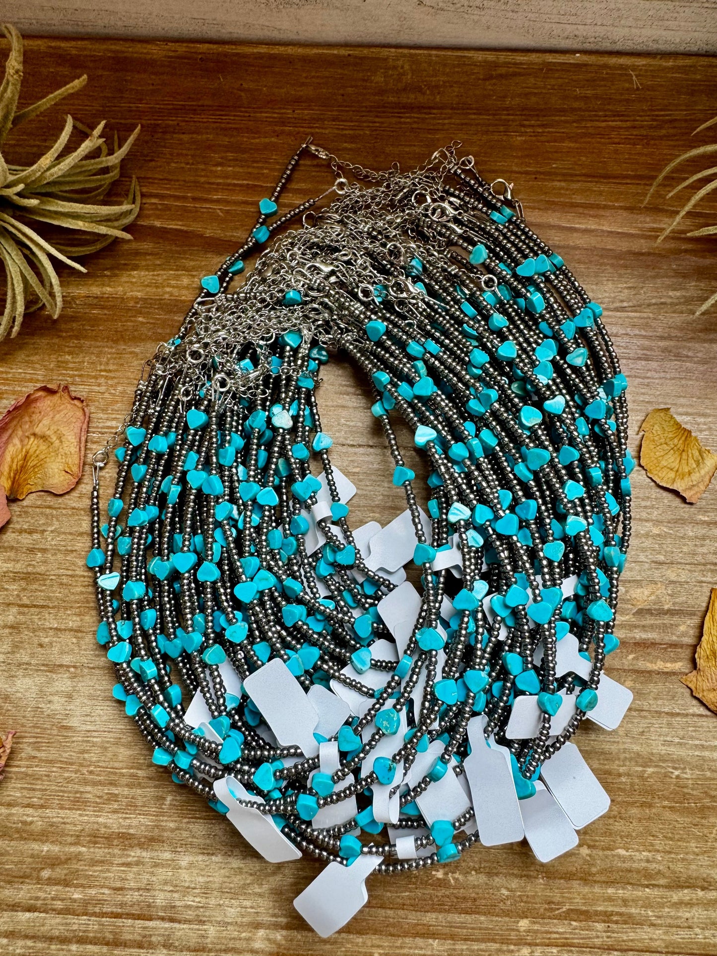 14-Inch Antique Silver Seed Bead Necklace with Turquoise Heart