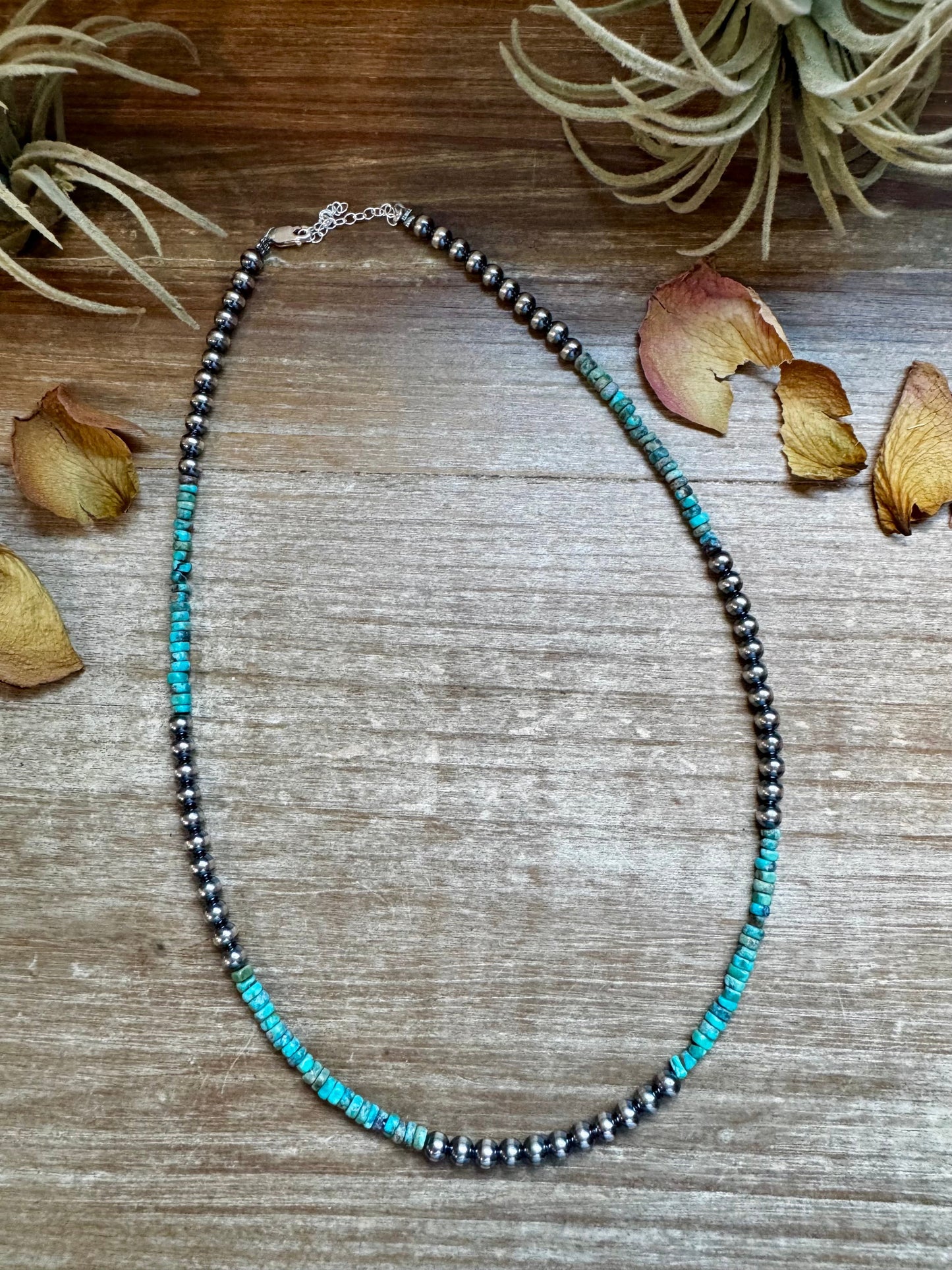 Sterling Silver Pearl & Heishi Turquoise Necklace – 19"
