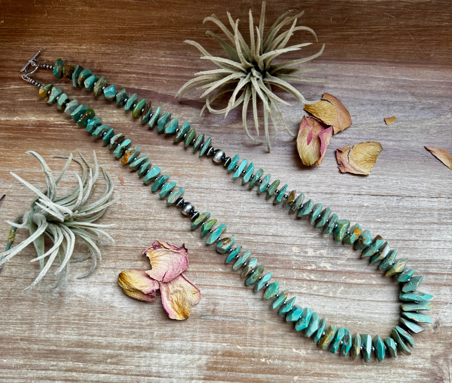 28.5-Inch Faceted Freeform Turquoise Necklace with Sterling Accents – Handmade Statement Piece