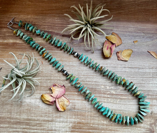 28.5-Inch Faceted Freeform Turquoise Necklace with Sterling Accents – Handmade Statement Piece