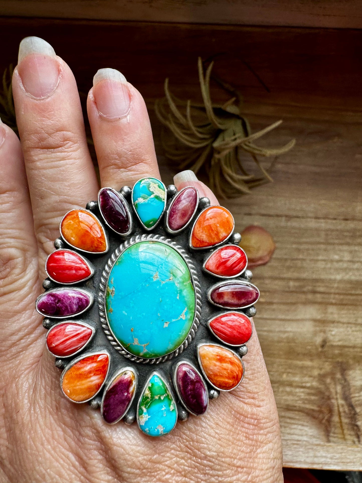 Adjustable Cluster Ring – Sonoran Gold & Spiny Oyster by E. Richards, Native Made