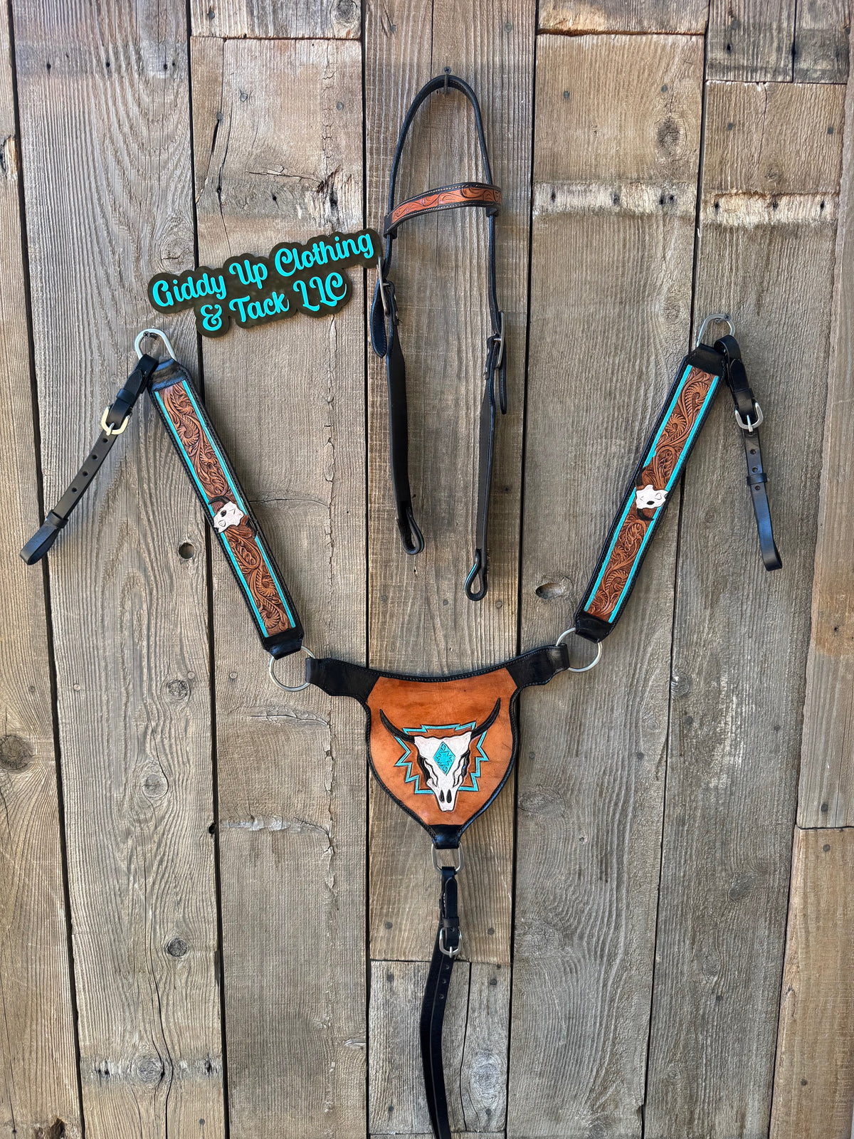 Horse Size Leather Tack Set – Browband Headstall & Matching Breast Collar