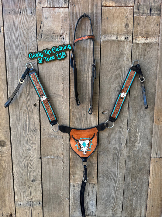 Horse Size Leather Tack Set – Browband Headstall & Matching Breast Collar